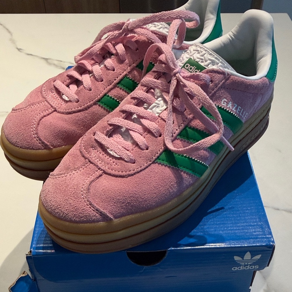 adidas Gazelle Women's Pink Suede Sneakers with Green Stripes and Gum Sole